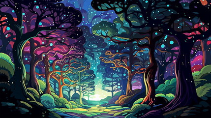 Abstract flat colorful neon light nature forest landscape at night with ink illustration. stars, moon, spooky, fog, galaxy, christmas, halloween. Generative Ai.