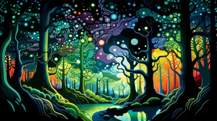 Abstract flat colorful neon light nature forest landscape at night with ink illustration. stars, moon, spooky, fog, galaxy, christmas, halloween. Generative Ai.
