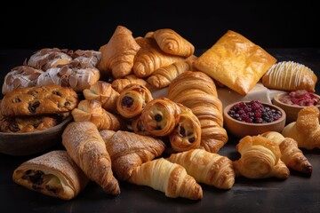 assortment of flaky puff pastries and turnovers in various shapes, sizes, and flavors, created with generative ai