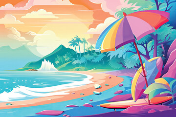 Fototapeta na wymiar Illustration of a beach with an umbrella and surfboards at sunset