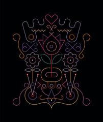 Neon colors isolated on a black background Abstract Floral Tattoo Design vector line art illustration.