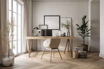 Fototapeta na wymiar minimalist home office with simple and sleek decor, clean lines, and neutral colors, created with generative ai