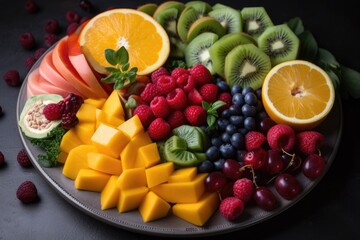 plate of colorful fruits and vegetables, symbolizing variety of vitamins and minerals, created with generative ai