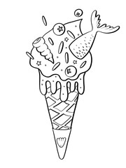 contour line illustration sketch food sweet ice cream in a waffle cone sea theme seashells beach element coloring book design logo print and sticker