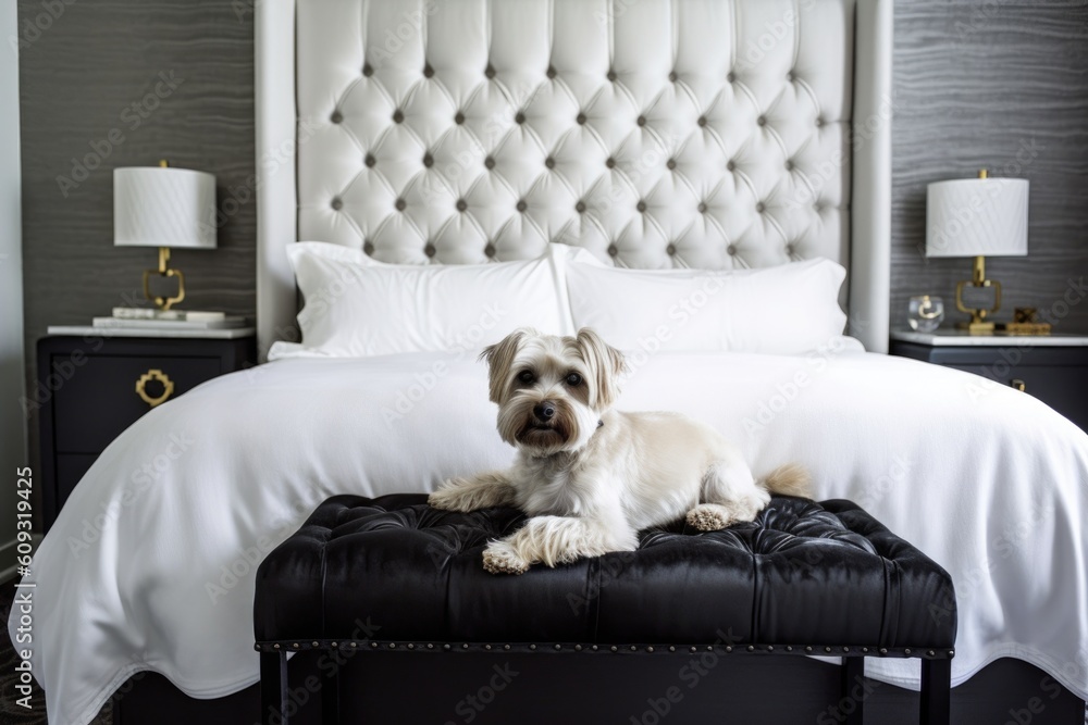 Sticker white tufted headboard against black velvet pet bed, created with generative ai