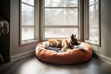 dog bed in warm, cozy corner of room with view of the window, created with generative ai