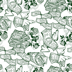 Money seamless pattern background for print design. Hundred dollars banknotes, a lot of cash for finance. economy, business theme for success. Hand drawn line illustration, cartoon style drawing.