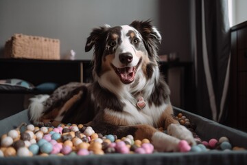 Fototapeta na wymiar portrait of happy dog sitting on its bed, with toys and treats nearby, created with generative ai