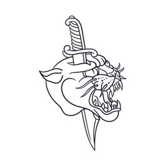 Hand drawn illustration of a dagger through a panther head outline