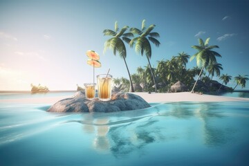 tropical island with palm trees, blue waters and cocktails on the beach, created with generative ai