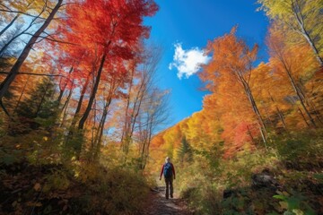 Fototapeta na wymiar person, hiking through autumn forest, with colorful foliage and blue sky above, created with generative ai