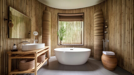 Fototapeta na wymiar Interior of modern bathroom with wooden walls, tiled floor, comfortable bathtub and panoramic window. 3d rendering. 