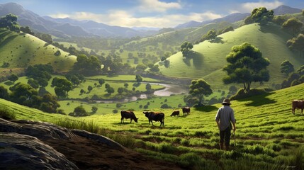 A farmer tending to his livestock, with a backdrop of rolling hills and farmland.
 - obrazy, fototapety, plakaty