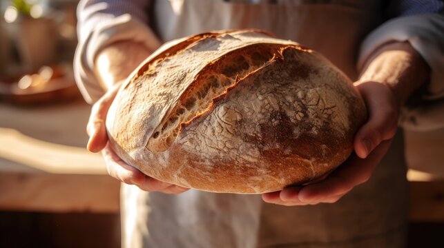 A shot of a person holding a loaf of freshly baked bread from a local bakery.
