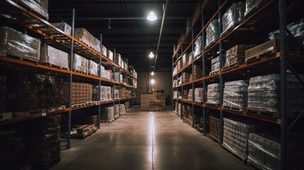 Interior of a warehouse with rows and rows of boxes of shelves full of goods. Shallow depth of field. Industrial background. 