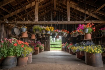 Fototapeta na wymiar rustic barn, filled with hanging pots and pans, surrounded by colorful flowers, created with generative ai