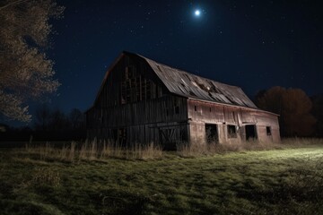 Obraz premium rustic barn with full moon shining in the night sky, created with generative ai
