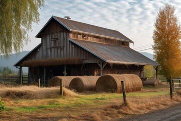barn with metal roof and bales of hay for a rustic but modern setting, created with generative ai