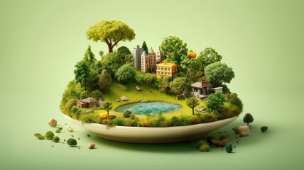 Miniature city with pond and trees on green background. 3d rendering. 