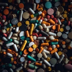 Pills and capsules on a dark background. Close-up. Colorful pills and capsules background. Top view. Copy space. Generate AI.