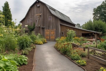 Fototapeta na wymiar rustic barn surrounded by sunflowers and bluestone walkway, created with generative ai