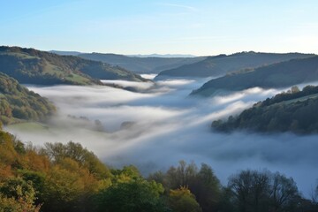 foggy morning, with the rising sun illuminating the misty valley, created with generative ai