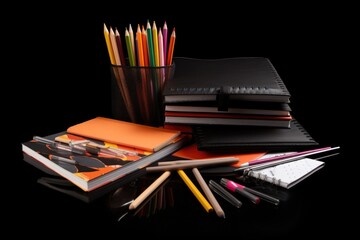 Fototapeta premium school supplies, including notebooks and pencils, on a black background, created with generative ai