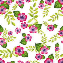 Watercolor pattern of pink flowers and green leaves on a white background. Summer seamless pattern.