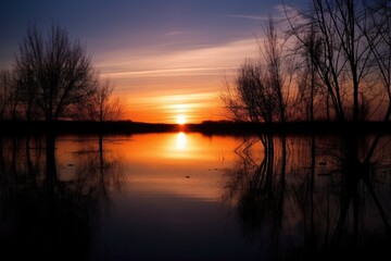 Fototapeta na wymiar sunset over calm lake, with water reflections and silhouettes of trees, created with generative ai