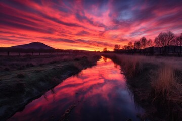 Obraz premium luminous sunrise over serene landscape, with streaks of pink and orange light, created with generative ai