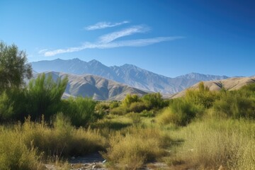 Fototapeta na wymiar serene landscape with mountain range and clear blue skies, created with generative ai