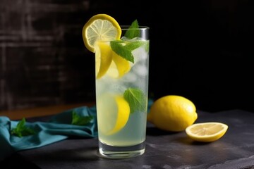 glass of refreshing summer lemonade, with a slice of lemon and mint leaves, created with generative ai