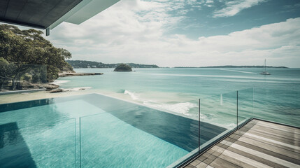 Fototapeta na wymiar Infinity swimming pool with sea view at luxury resort. Generative AI