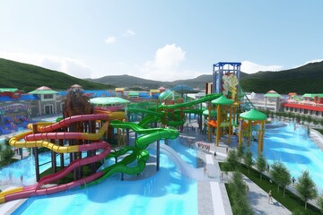 Fototapeta na wymiar water park with creative and unique slides, such as floating tube slide or water coaster, created with generative ai