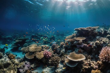 coral reef scene, with schools of colorful fish swimming among the corals, created with generative ai