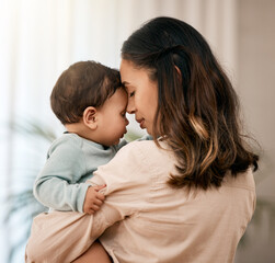 Face, hug and mother with baby in a living room with love, care and gratitude while bonding in...