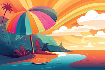 Illustration of a beach with an umbrella and surfboards at sunset