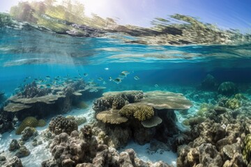 coral reef with schools of fish swimming in crystal-clear waters, created with generative ai
