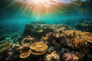 coral reef under the midnight sun, with vibrant colors and active marine life, created with generative ai
