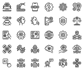 set of 30 artificial intelligent line icons. programming, intelligence, robotic, automation, brain, circuit, cyberspace, robot, tech, innovation, learning, process, artificial, system, analysis
