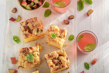 Yummy and sweet rhubarb yeast cake as traditional summer cake.