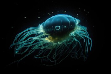 deep-sea creature swimming past field of bioluminescent plankton, created with generative ai