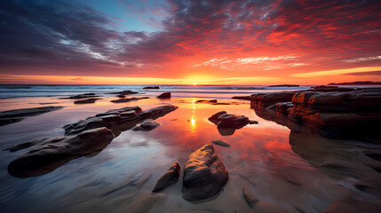 tranquility and beauty of a serene beach sunset, AI Generated