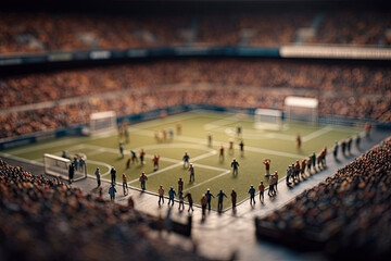 Miniature toy people figurines of soccer players in action against backdrop of a panorama of the stadium with fans, created with Generative AI