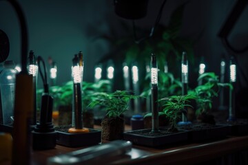 close-up of wands and grow lights in a home-grow setup, created with generative ai