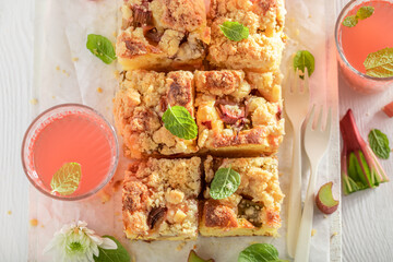 Yummy and sweet rhubarb yeast cake simple dessert in Poland.
