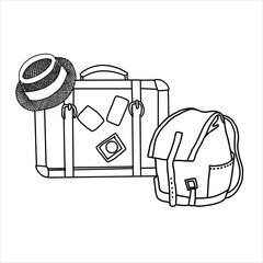 Travel set with straw hat, suitcase, backpack. Stock
 illustration. Isolated element. Hand painted, line art.