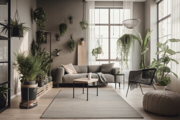 modern living room with sleek furniture and indoor plants for a welcoming atmosphere, created with generative ai