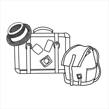 recommend clip art: Travel set with straw hat, suitcase, backpack. Stock
                     illustration. Isolated element. Hand painted, line art.