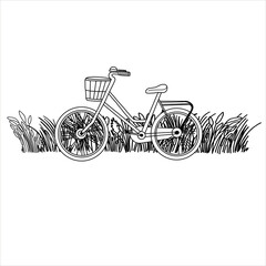 Retro bicycle on the beach. Happy holiday.  Stock illustration. Hand painted, line art.